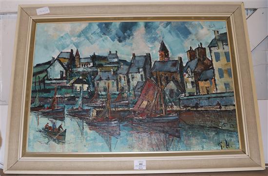 French harbour scene by G.H, oil